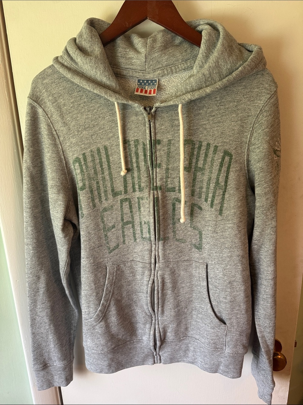 Junk Food Clothing Gray Zip-Up Hoodie with Green Philadelphia Eagles Print